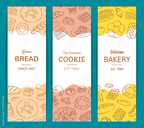 Vector vertical web banner templates with hand drawn doodle bakery elements and place for text