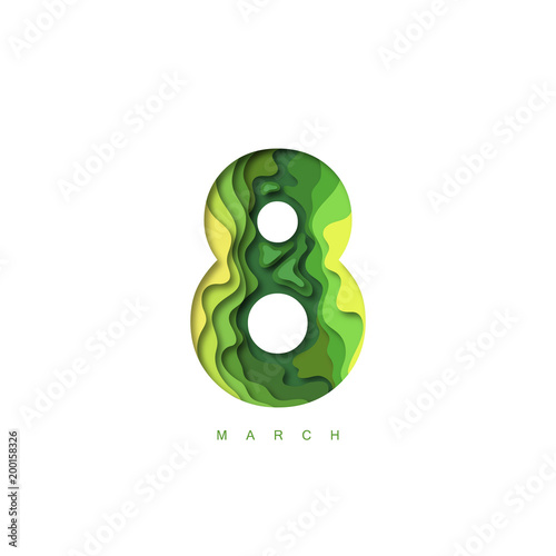 Paper cut 8 march shape 3D design.  Template for international womens day and greeting card backgrounds. Colorful vector illustration.