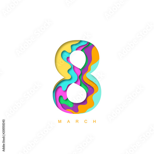 Paper cut 8 march shape 3D design.  Template for international womens day and greeting card backgrounds. Colorful vector illustration.