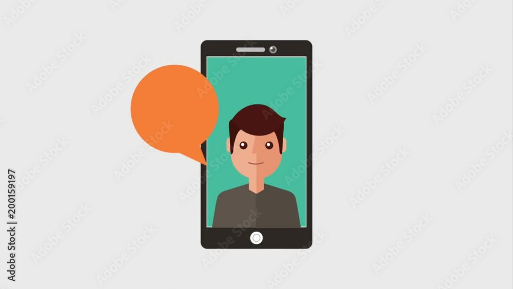 smartphone young man on screen with speech bubbles talking animation hd