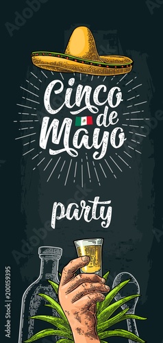 Cinco de Mayo party lettering. Hand holding glass tequila, bottle.