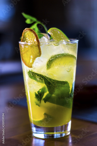 Freshly made lemonade with mint, ice cube and lime