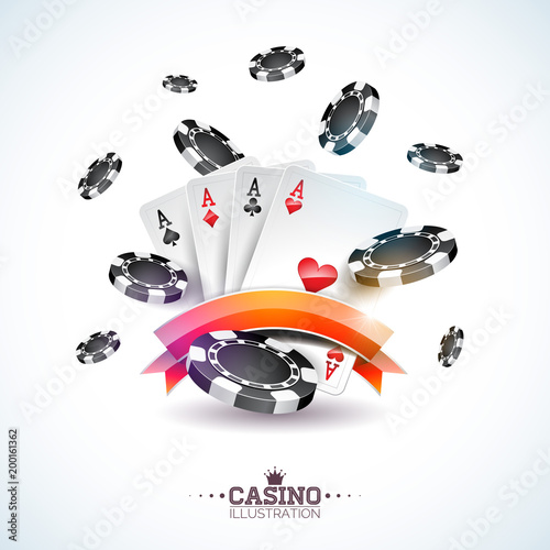 Vector illustration on a casino theme with poker cards and playing chips on white background. Gambling design for invitation or promo banner.