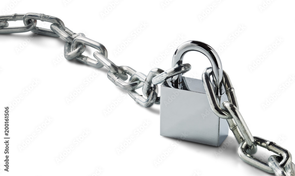 chrome metal padlock, chains on isolated white background with shadows. object for protection and safety concept. chrome metal padlock, chains on isolated white background with shadows. object for protection and safety concept.
