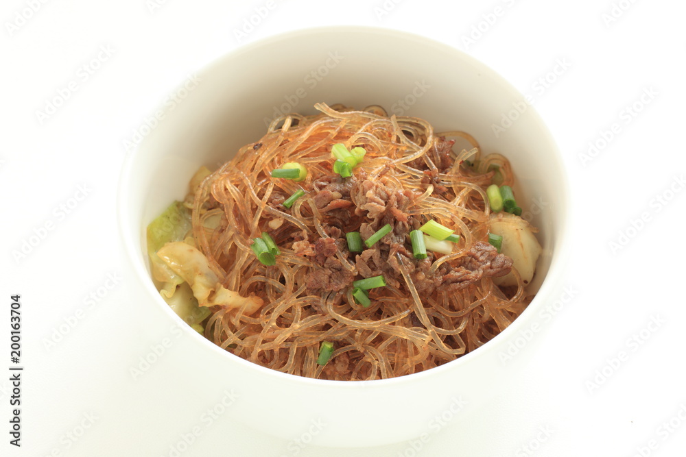 Chinese food, glass noodles and beef stir fried Chinese food, glass noodles and beef stir fried