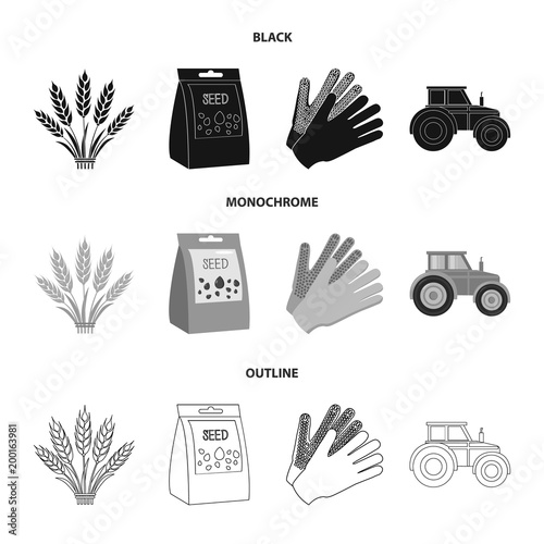 Spikelets of wheat, a packet of seeds, a tractor, gloves.Farm set collection icons in black,monochrome,outline style vector symbol stock illustration web.