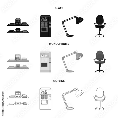 Shelves, folders and notebooks with business records, a coffee machine with cups, an armchair with a backrest on wheels, a desk lamp. Office Furniture set collection icons in black,monochrome,outline