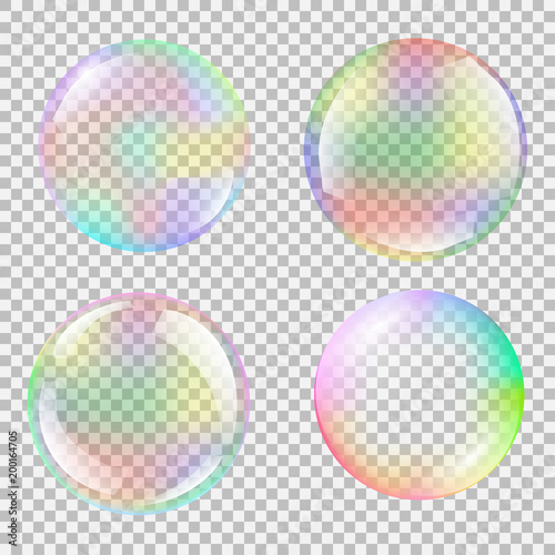 Realistic soap bubble set with rainbow reflection