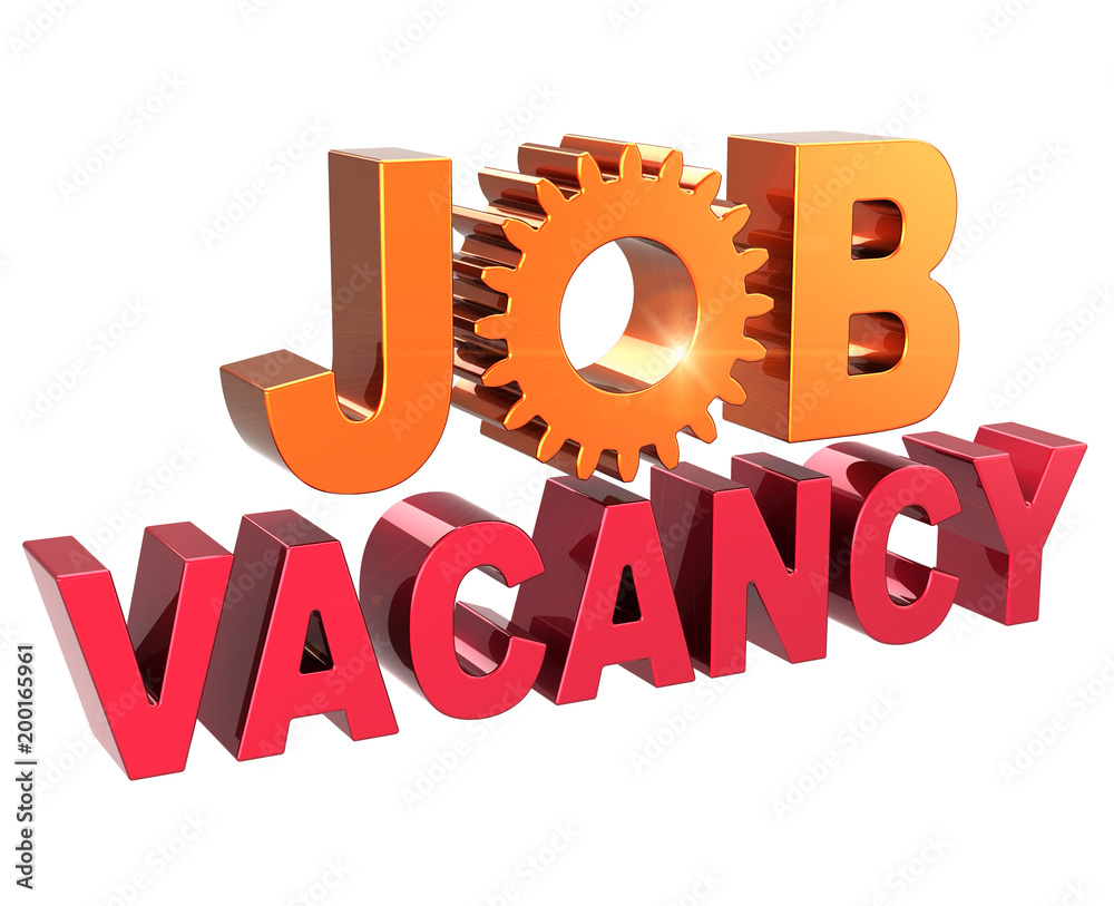 Job vacancy announcement text red gear wheel golden. Unemployment employment opportunity concept. Jobless work searching support banner. 3d render isolated on white background