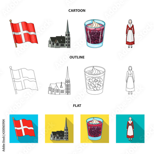 Flag, national, symbol, and other web icon in cartoon,outline,flat style.Denmark,history, tourism, icons in set collection.
