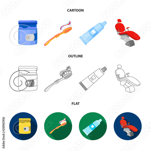 Dental floss, toothbrush, toothpaste, dental chair. Dental care set collection icons in cartoon,outline,flat style vector symbol stock illustration web.