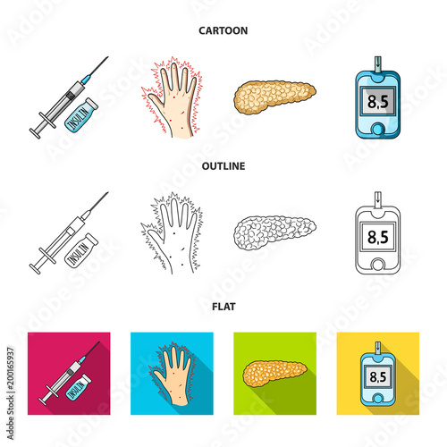 Syringe with insulin, pancreas, glucometer, hand diabetic. Diabet set collection icons in cartoon,outline,flat style vector symbol stock illustration web.