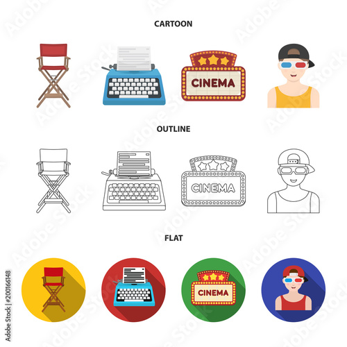 Chair of the director, typewriter, cinematographic signboard, film-man. Films and cinema set collection icons in cartoon,outline,flat style vector symbol stock illustration web.