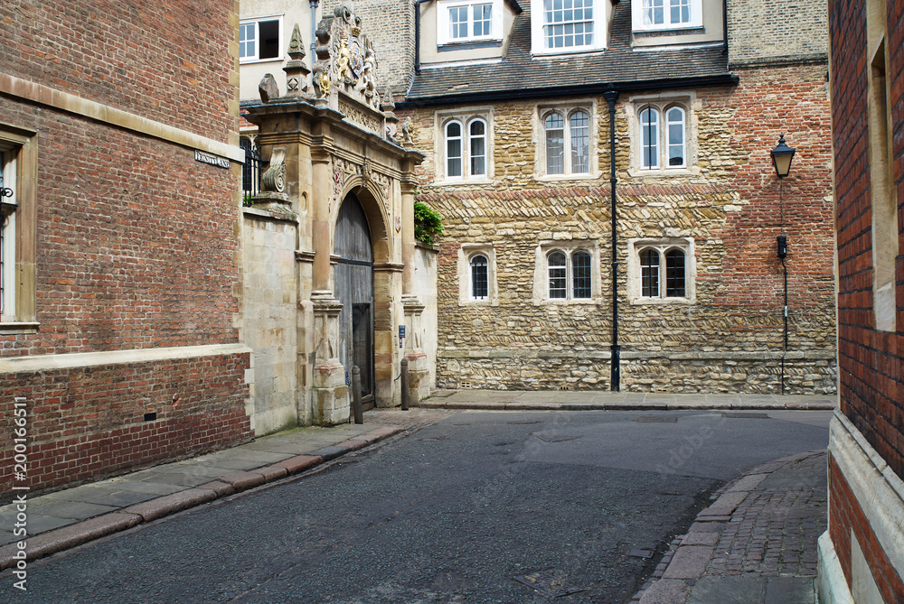 Fototapeta premium The ornate brick work of a Cambridge street, Cambridge, England.