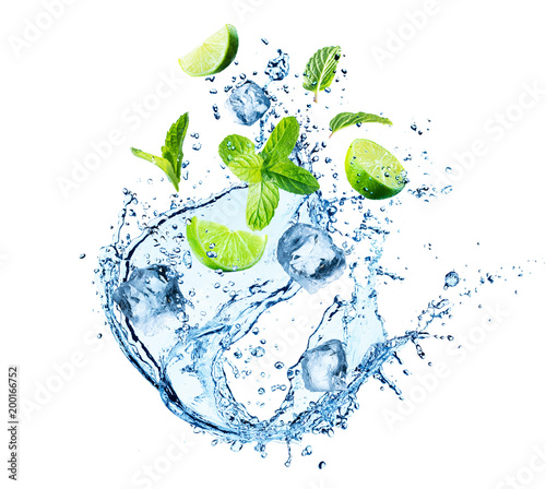 Water Splash With Mint Leaves, Ice Cubes And Slices Of Lime

