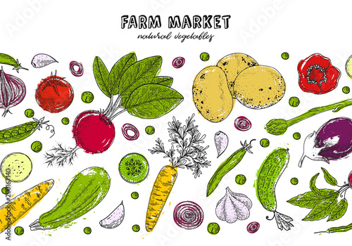 Organic food design template. Fresh vegetables. Detailed vegetarian food drawing. Farm market product. Great for label, design menu, recipes, poster, packaging design, wrapping paper.