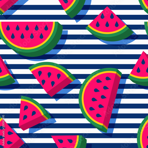 Vector seamless pattern with 3d style watermelon slices and navy striped background. Summer fashion textile print.