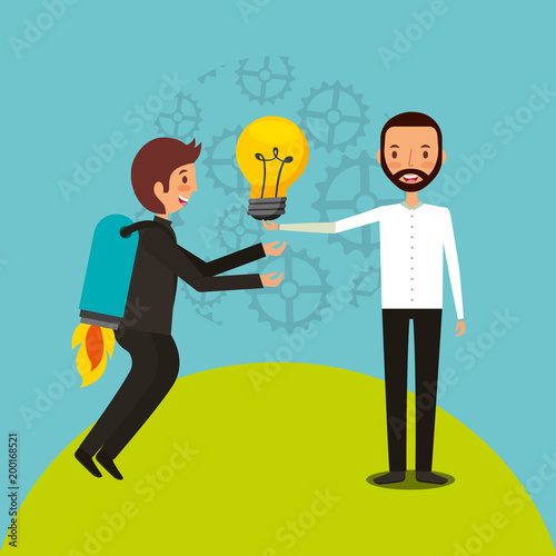 businessman with rocket in back and man holding bulb team work vector illustration