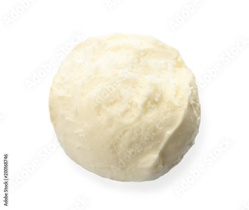Ball of tasty vanilla ice cream on white background