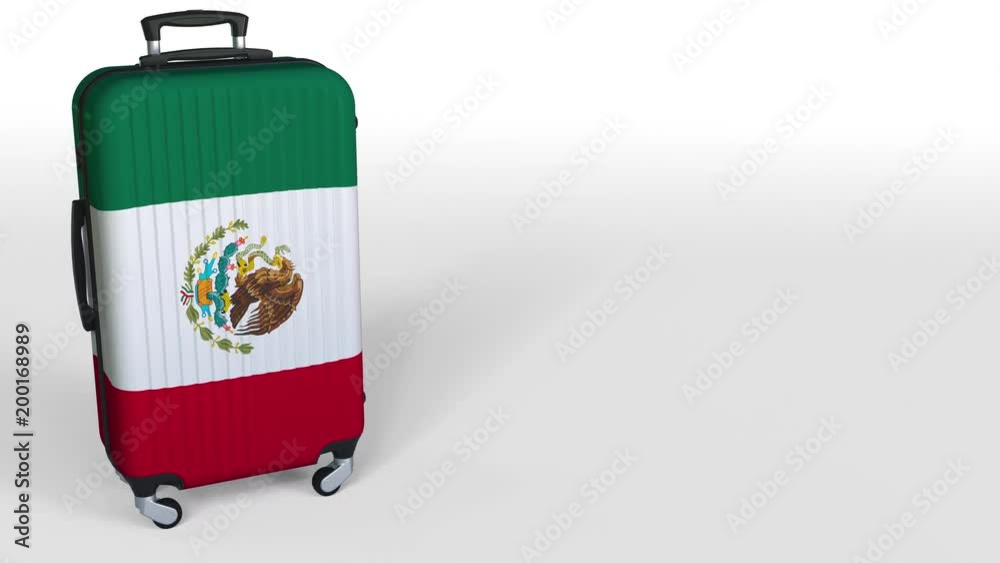 Traveler's suitcase featuring flag of Mexico. Mexican tourism conceptual animation, blank space for caption Traveler's suitcase featuring flag of Mexico. Mexican tourism conceptual animation, blank space for caption