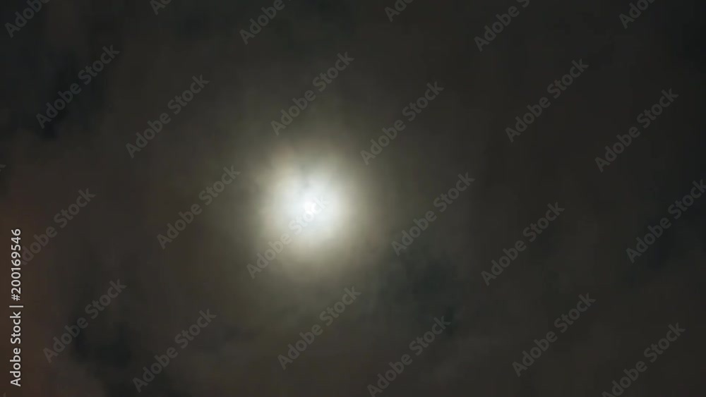 Full moon and clouds in night sky. Timelapse.