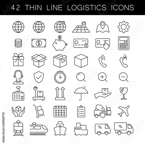 Thin line logistics icon set. Cargo and delivery service icons. Black outline, no fill, fully editable.