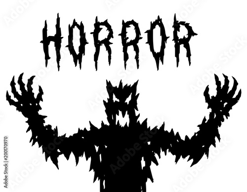 Scary silhouette with glowing eyes and mouth. Vector illustration