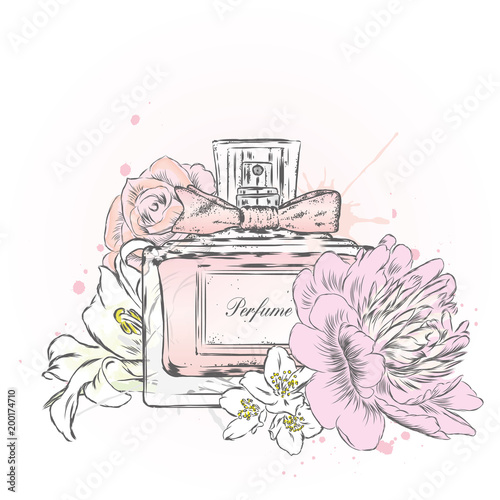 Perfume bottle and flowers. Vector . photo
