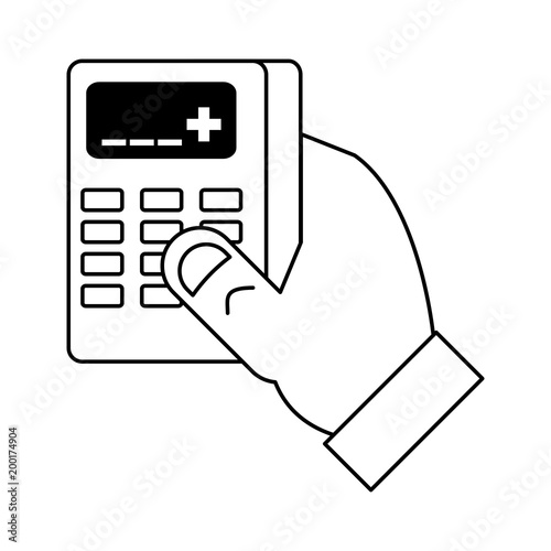 hand with calculator icon over white background, vector illustration