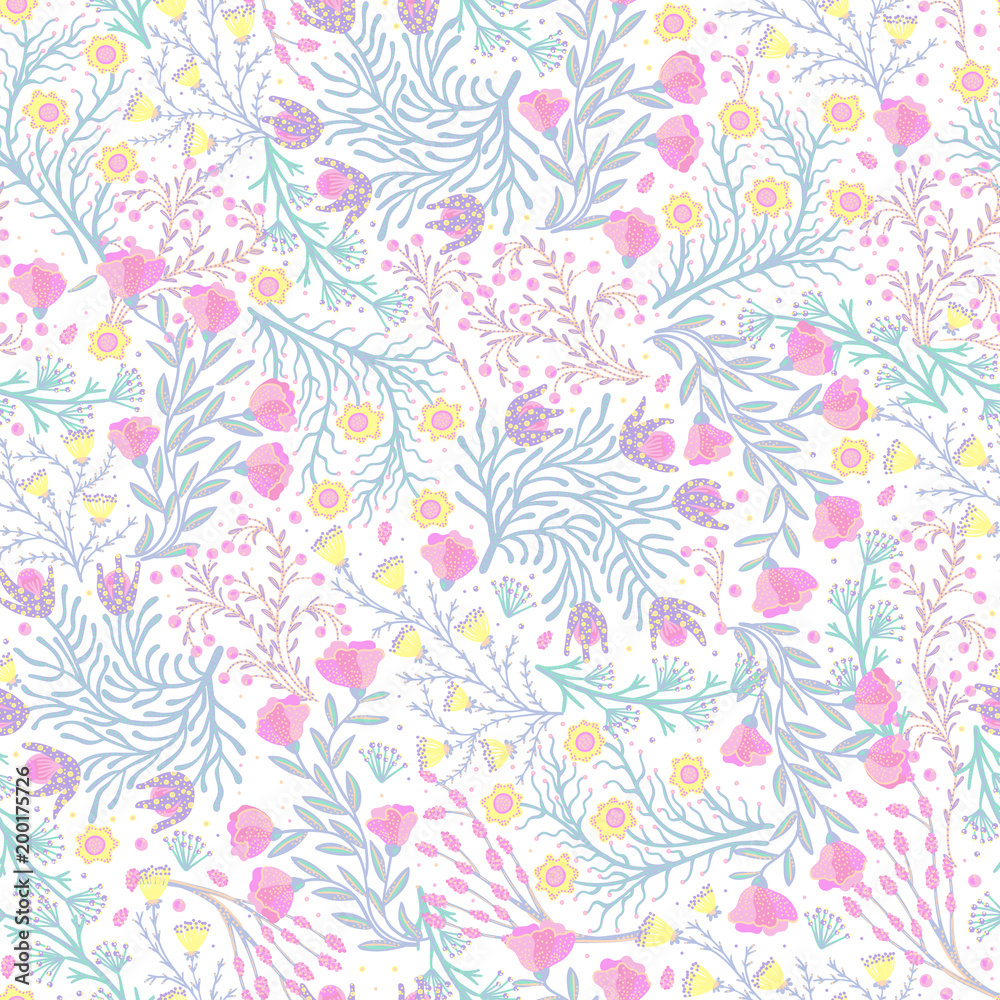Floral seamless pattern. Hand drawn creative flowers. Colorful artistic background with blossom. Abstract herb. It can be used for wallpaper, textiles, wrapping, card. Vector illustration, eps10