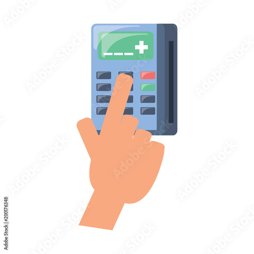 hand with calculator icon over white background, colorful design. vector illustration