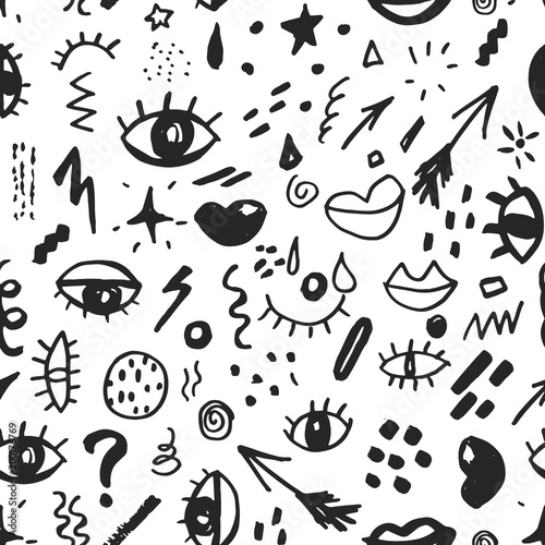 Seamless pattern with hand drawn sketched doodle elements eyes and lips, abstract background. Typography design print, vector illustration © saint_antonio
