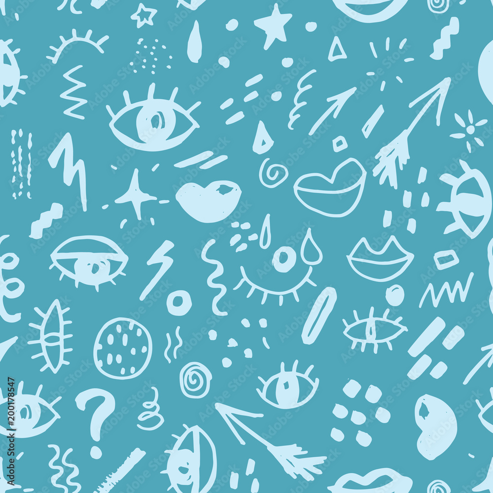Seamless pattern with hand drawn sketched doodle elements eyes and lips, abstract background. Typography design print, vector illustration Seamless pattern with hand drawn sketched doodle elements eyes and lips, abstract background. Typography design print, vector illustration