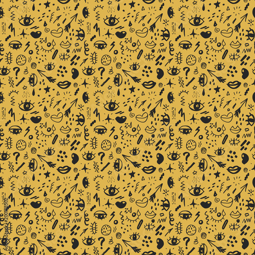 Seamless pattern with hand drawn sketched doodle elements eyes and lips, abstract background. Typography design print, vector illustration
