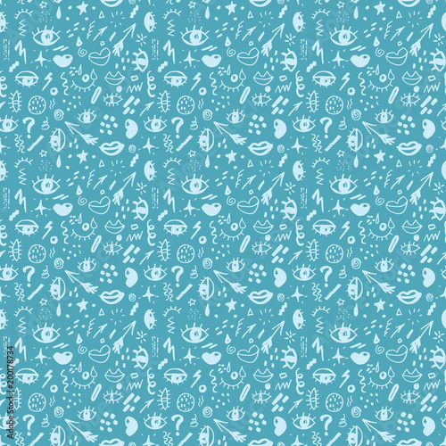 Seamless pattern with hand drawn sketched doodle elements eyes and lips, abstract background. Typography design print, vector illustration