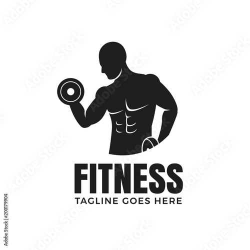 Fitness man with dumbbells logo design isolated on white background