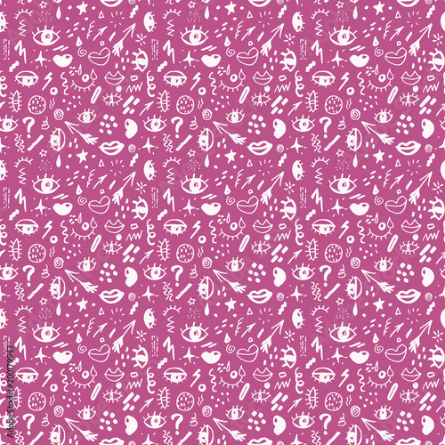 Seamless pattern with hand drawn sketched doodle elements eyes and lips, abstract background. Typography design print, vector illustration