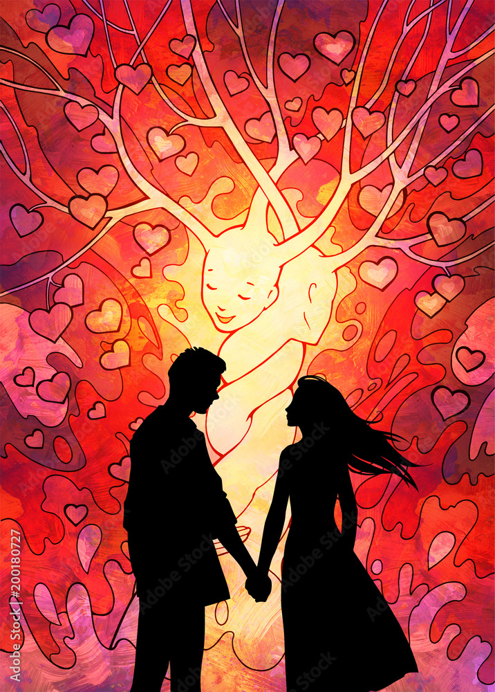 Beautiful cartoon black silhouette illustration of a young couple in love holding  hands on a romantic background Stock Illustration | Adobe Stock
