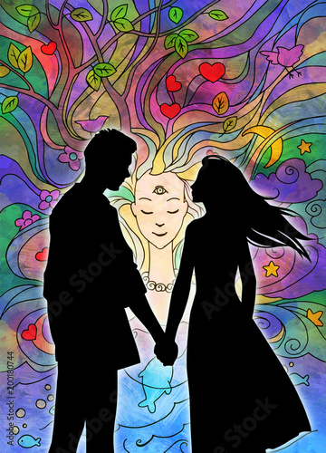 Beautiful cartoon black silhouette illustration of a young couple in love holding hands on a romantic background