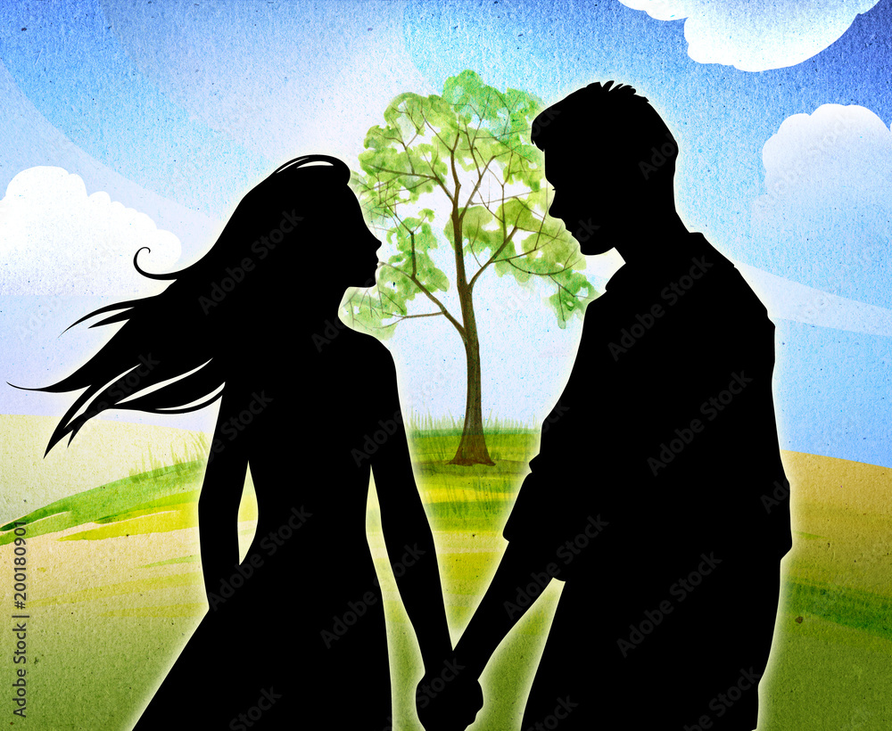 Beautiful cartoon black silhouette illustration of a young couple ...
