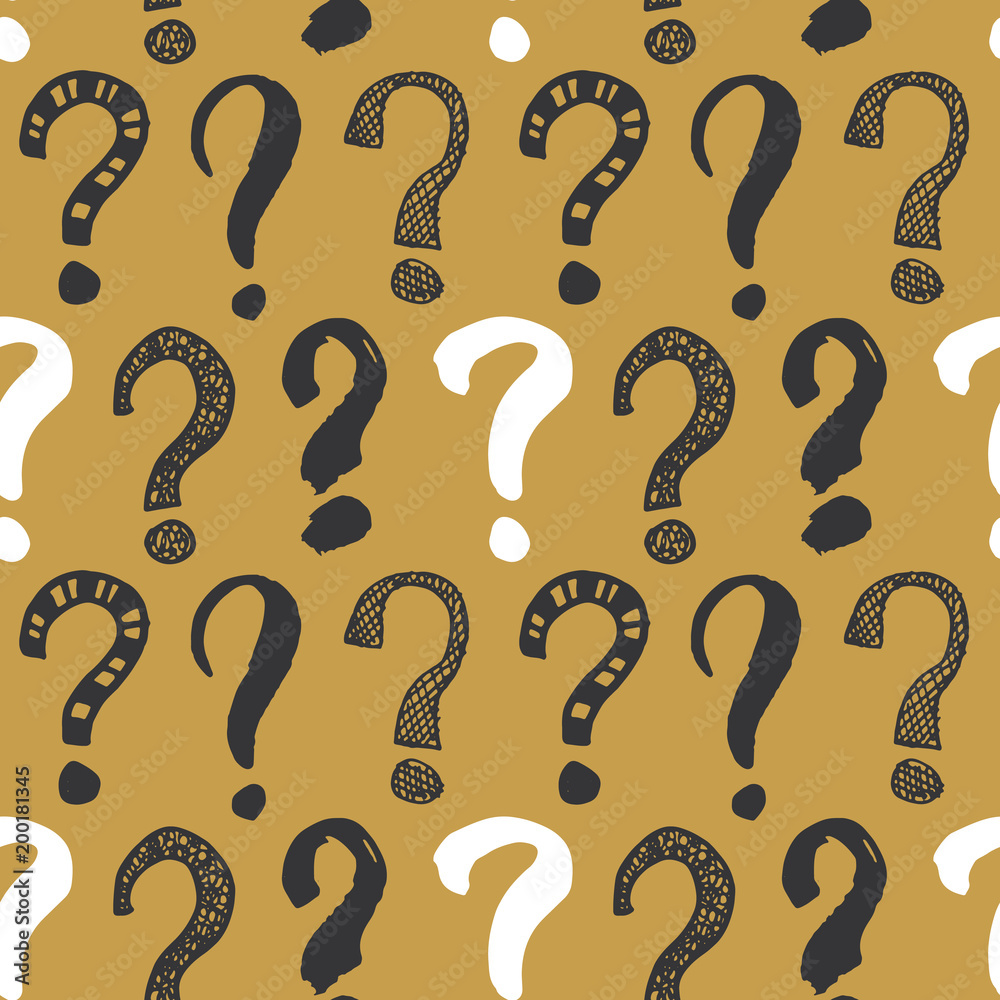 Questions marks seamless pattern. Hand drawn sketched doodle signs, grunge textured retro background. Vintage typography design print, vector illustration