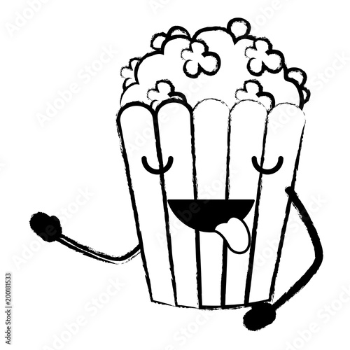 sketch of Kawaii pop corn showing the tongue over white background, vector illustration