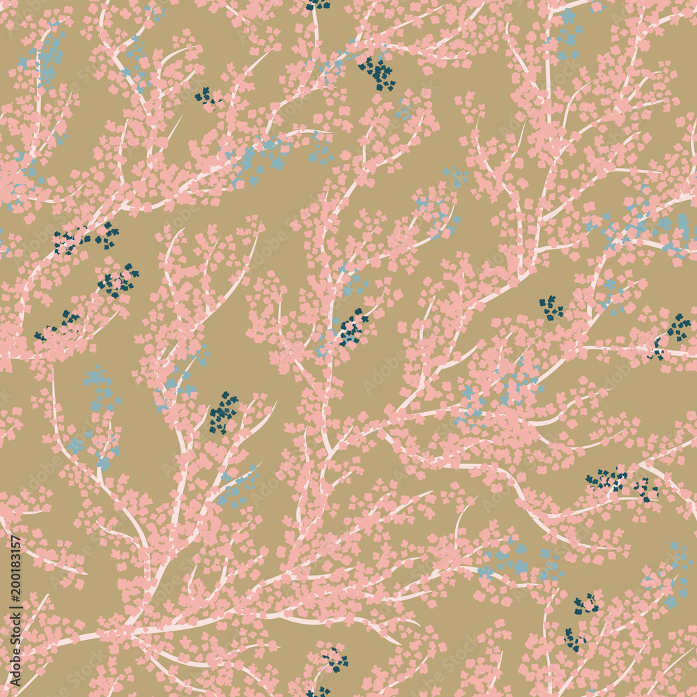 Background seamless pattern with sakura tree. Beautiful Japanese background with pink sakura blossom on a brown background- Japanese cherry tree.Vector illustration
