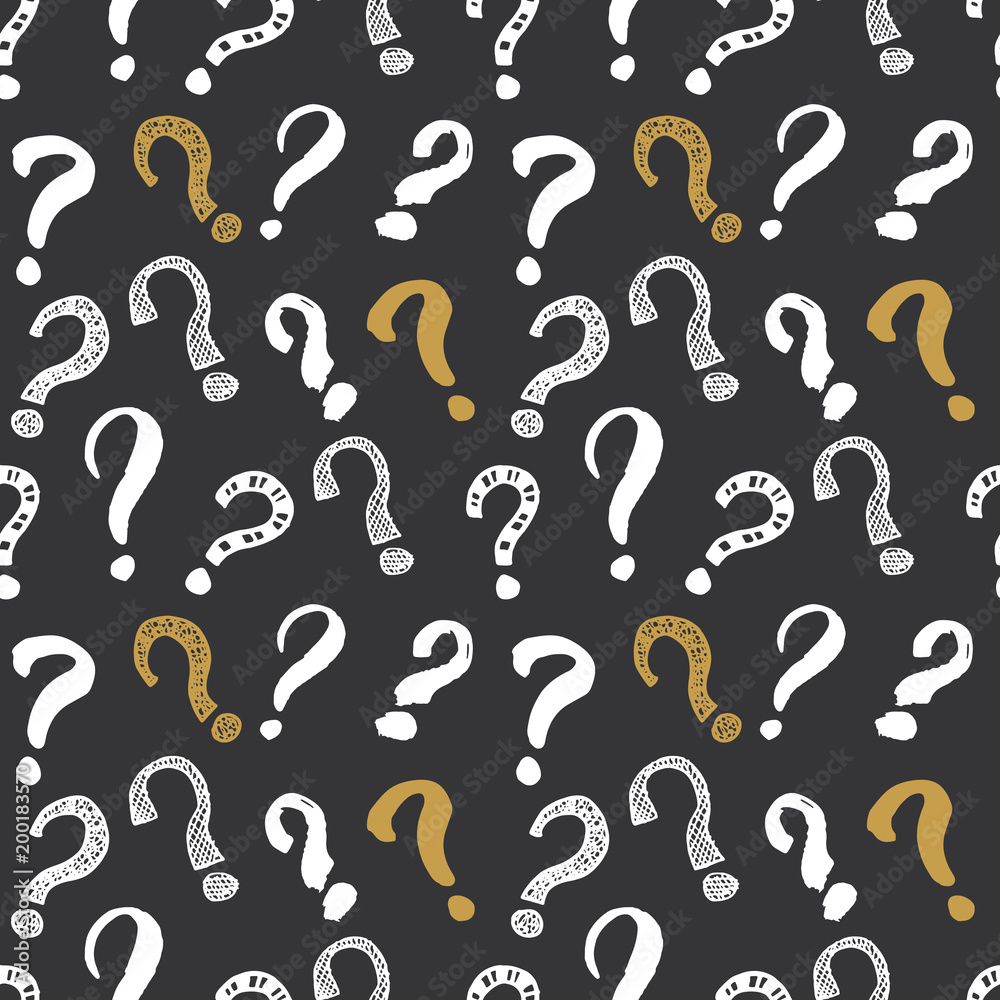 Questions marks seamless pattern. Hand drawn sketched doodle signs, grunge textured retro background. Vintage typography design print, vector illustration
