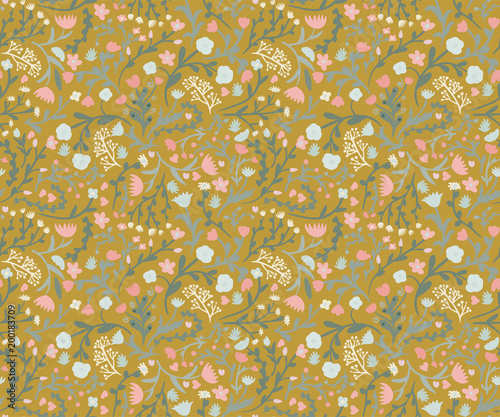 Meadow. Wildflowers pattern. Hand drawn Floral pattern. Seamless vector texture. Elegant template for fashion prints. Surface with meadow flowers and herbs. mustard background photo