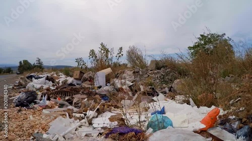 Near the road lies the skeleton of the animal in the garbage. Slow motion.