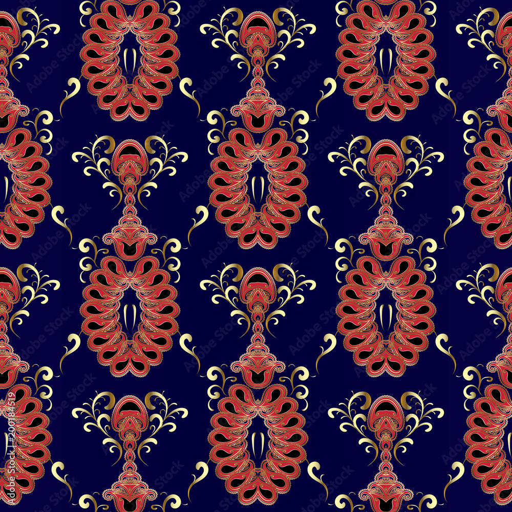 Vintage oriental paisley seamless pattern. Vector dark blue floral  background wallpaper with red gold beautiful paisley flowers, swirls.  Luxury abstract ornaments. Elegant design for fabric, prints Stock Vector |  Adobe Stock
