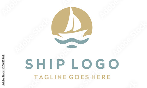 Ship Yacht Dhow Sail Boat Silhouette with Ocean Sea Wave and Sun for Sailing logo design 