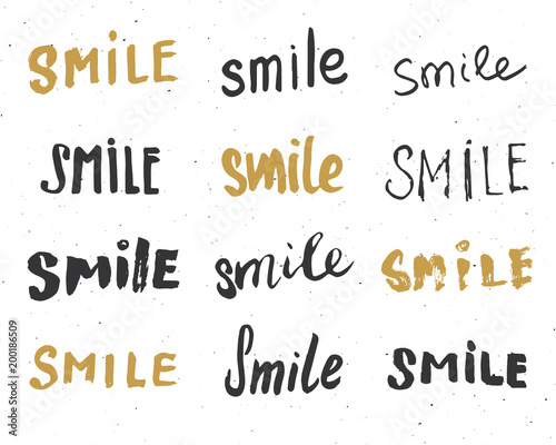 Smile letterings handwritten signs set, Hand drawn grunge calligraphic text. Vector illustration