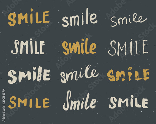 Smile letterings handwritten signs set, Hand drawn grunge calligraphic text. Vector illustration